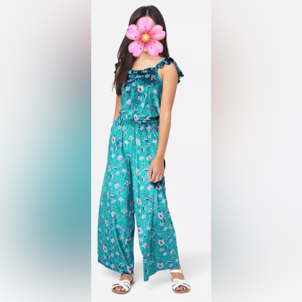 Justice Floral Blue Velvet Jumpsuit